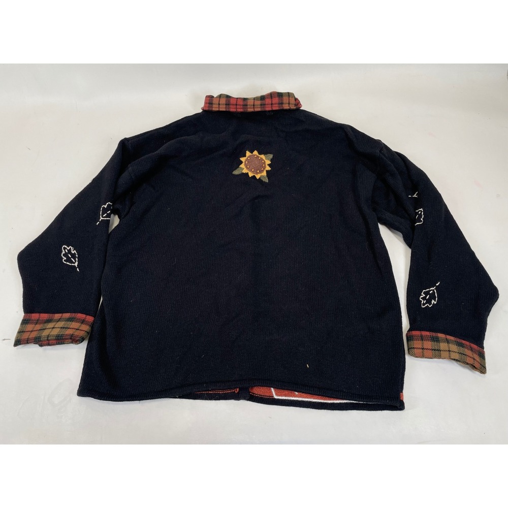 Mandal Bay Women XXL Black Happy Harvest Scarecrow Sunflower Plaid Cardigan Fall - Picture 2 of 8